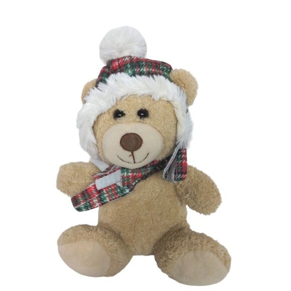 Hugfun Christmas Tan Teddy Bear Plaid Scarf Stocking Hat Plush Stuffed 9.5" - Picture 1 of 5